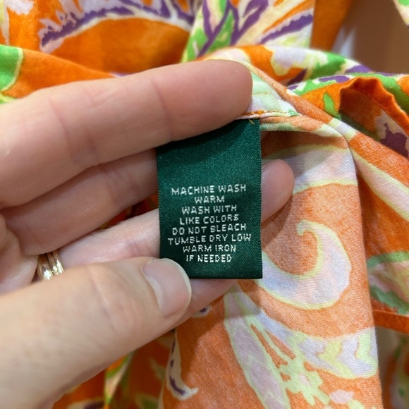 Lauren Ralph Lauren Orange Floral Blouse Cotton Button Up Collared Sz L Preppy - Picture 8 of 8